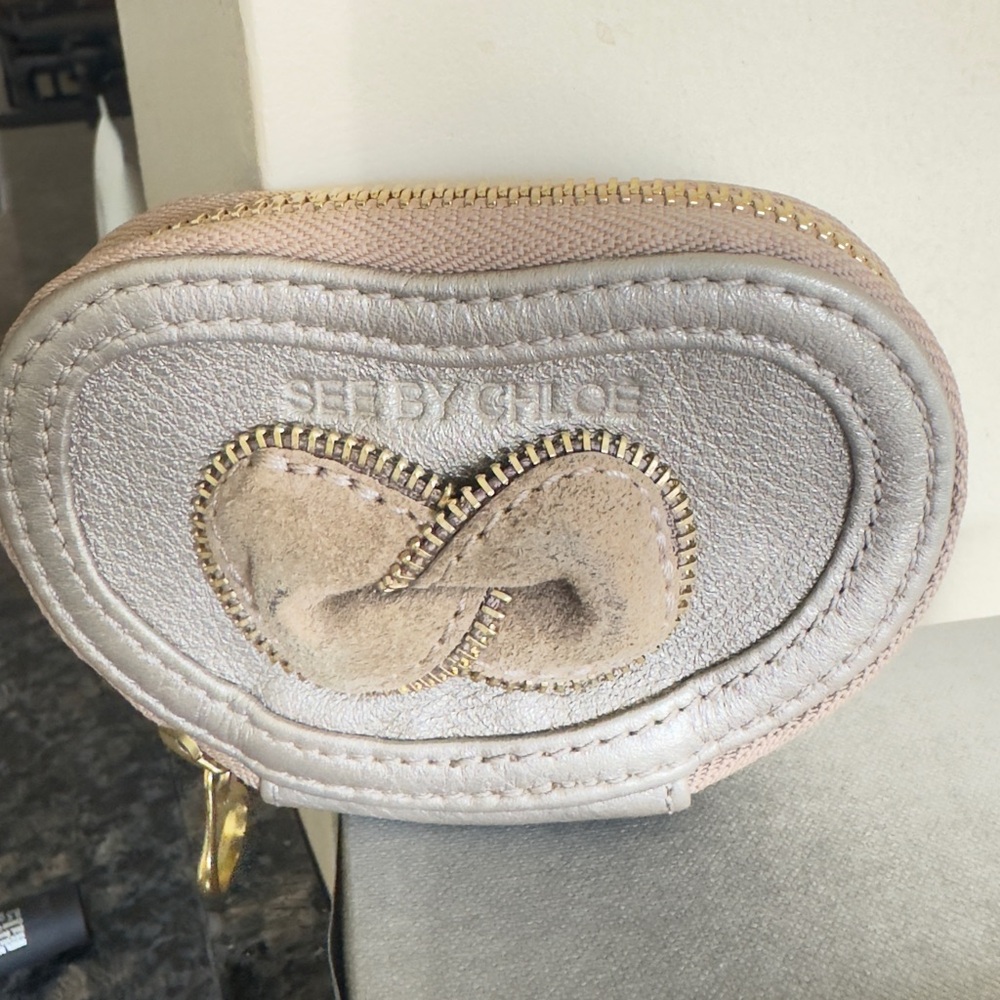 See By Chloe silver leather bow small zip pouch key chain / Gold Hardware